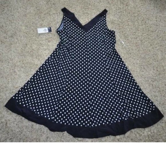 Womens Dress Chaps Blue Polka Dot 24W Fit & Flare Party Stretch Lined V-Neck - Picture 6 of 6